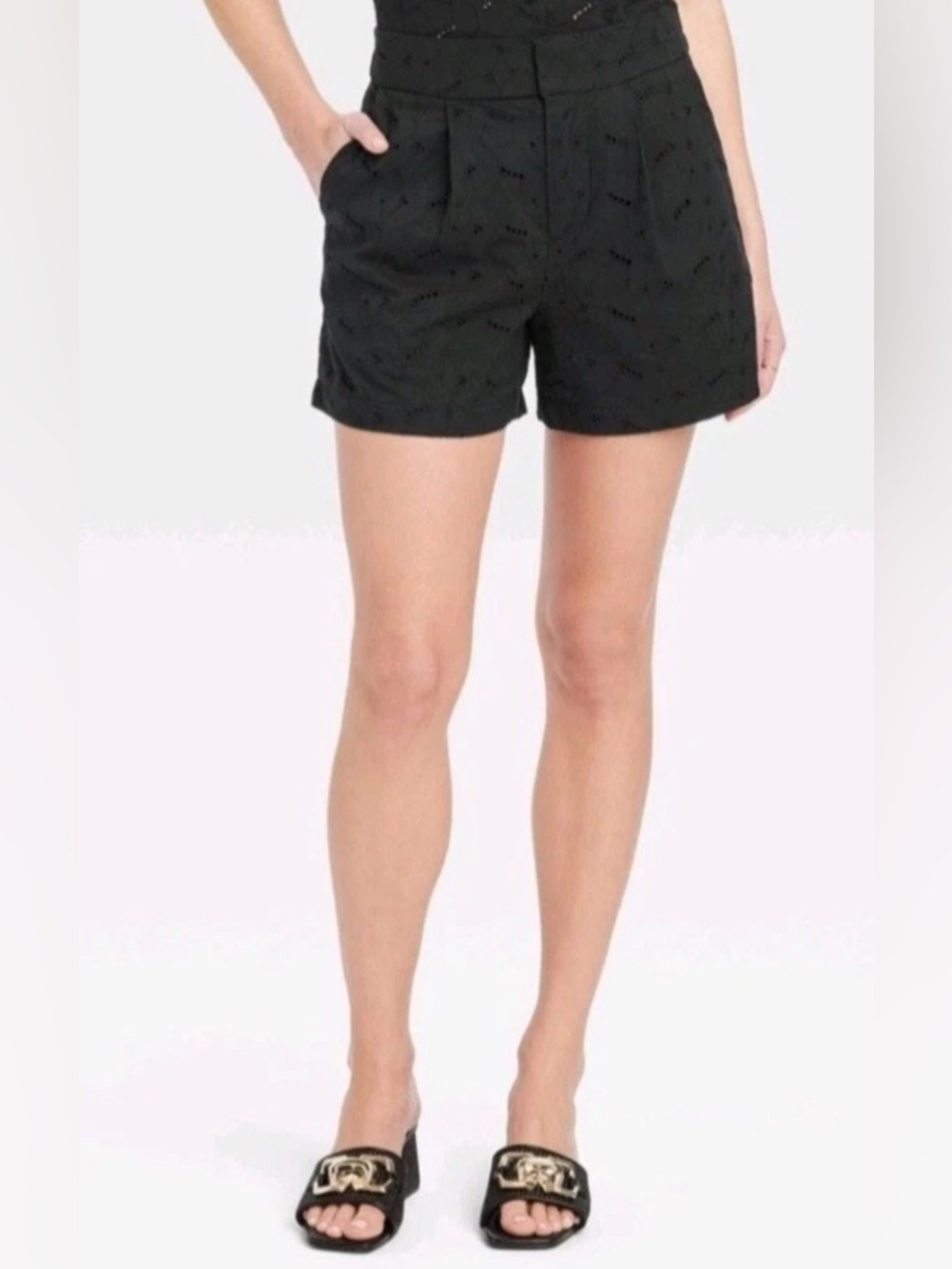 A New Day High-Waist Eyelet pleated Black Women's Casual Shorts 4